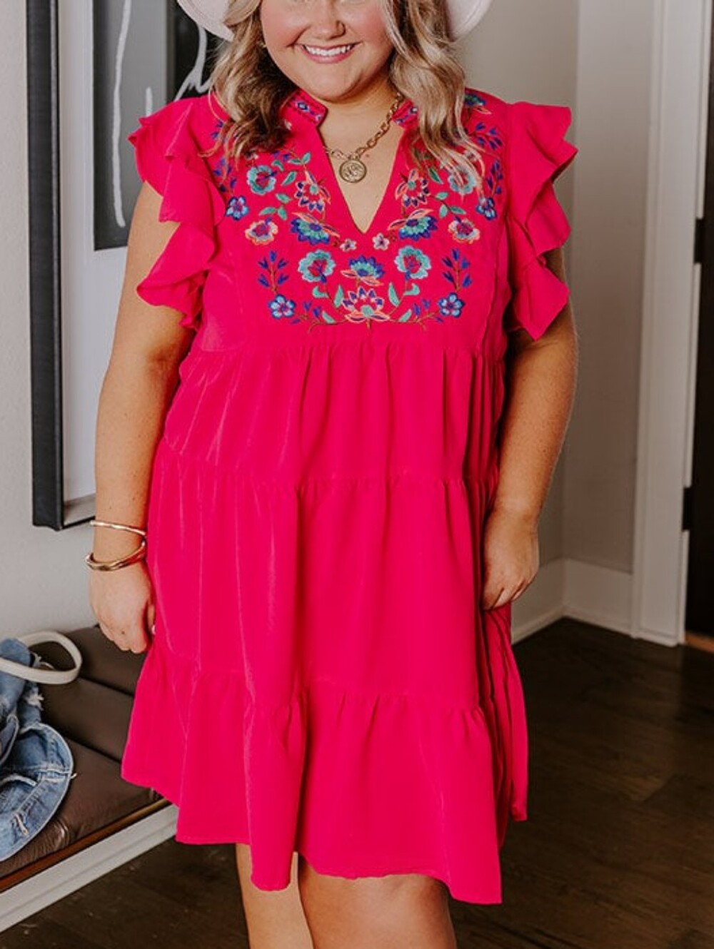 SHEIN Hot Pink Embroidered Tiered Mini Dress 1XL